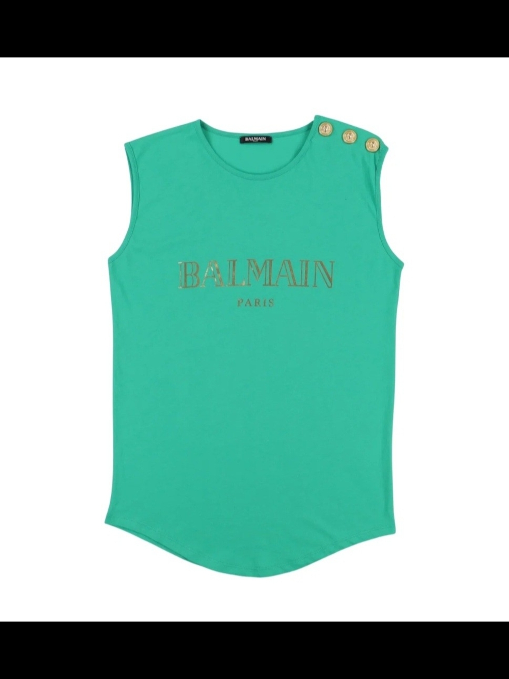 Balmain Green Sleeveless Logo Top with Button Detail